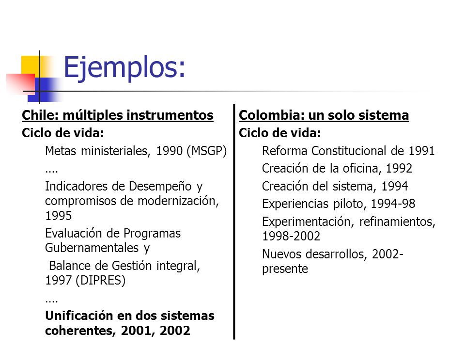 Ejemplos: Chile: múltiples instrumentos Colombia: un solo sistema
