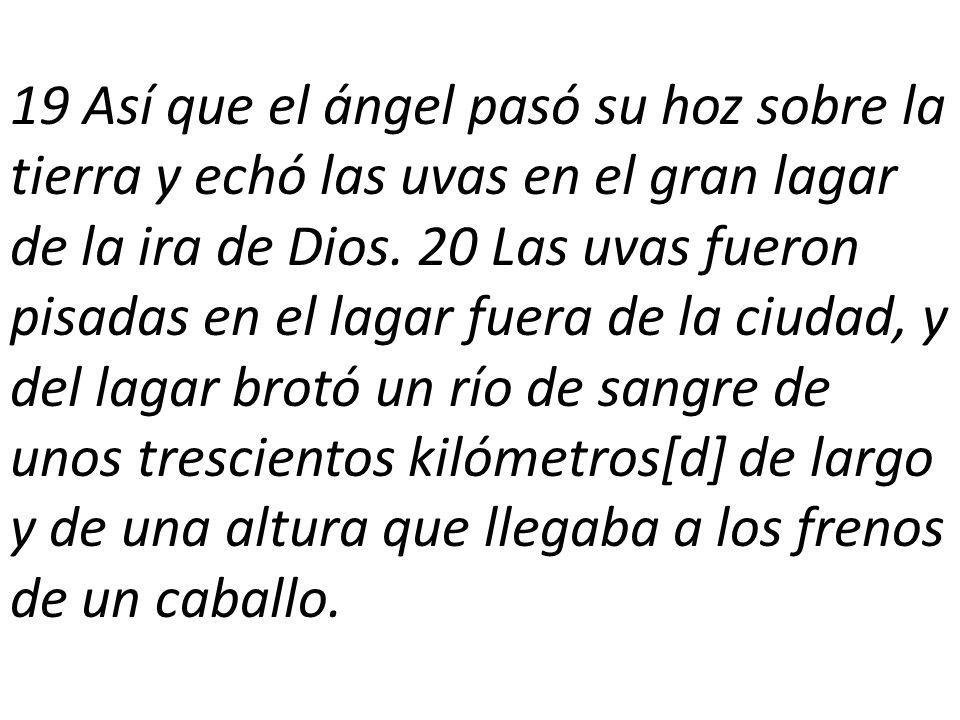 19 Así que el ángel pasó su hoz sobre la tierra y echó las uvas en el gran lagar de la ira de Dios.