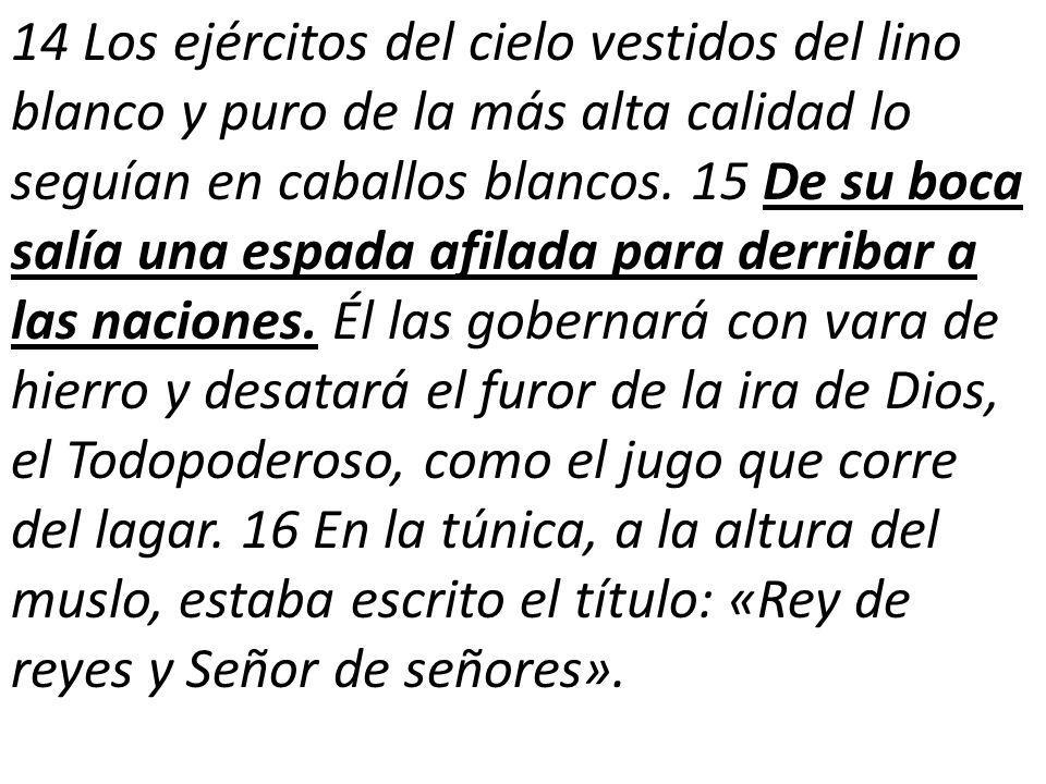 14 Los ejércitos del cielo vestidos del lino blanco y puro de la más alta calidad lo seguían en caballos blancos.