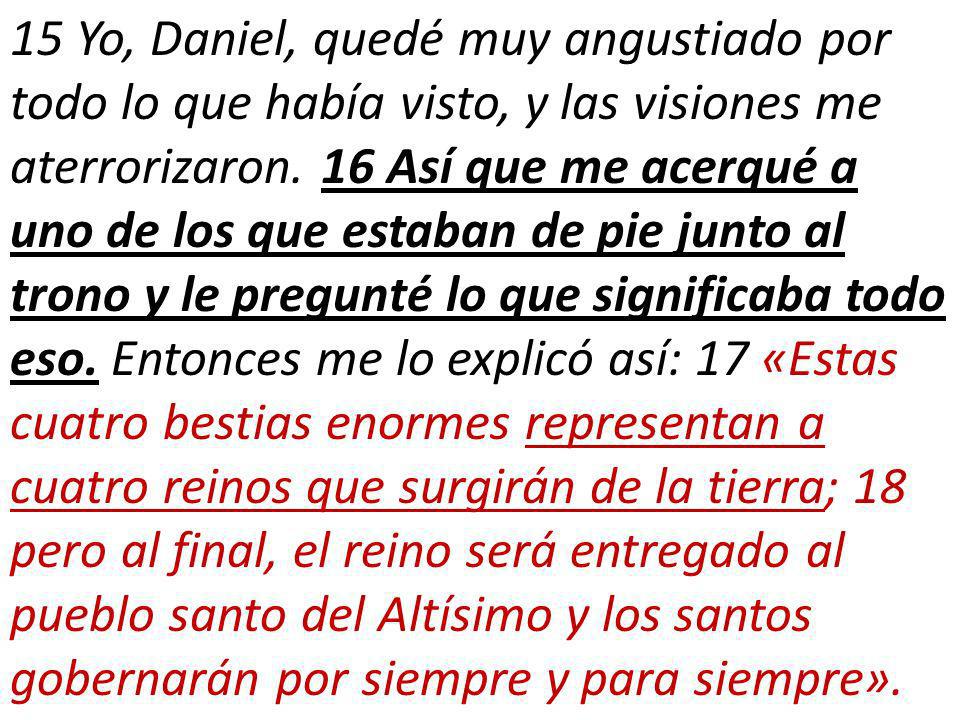 15 Yo, Daniel, quedé muy angustiado por todo lo que había visto, y las visiones me aterrorizaron.