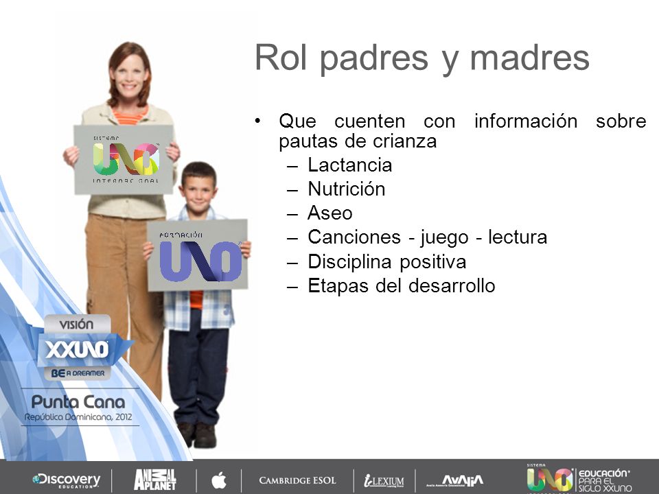 Rol padres y madres Que cuenten con información sobre pautas de crianza. Lactancia. Nutrición. Aseo.
