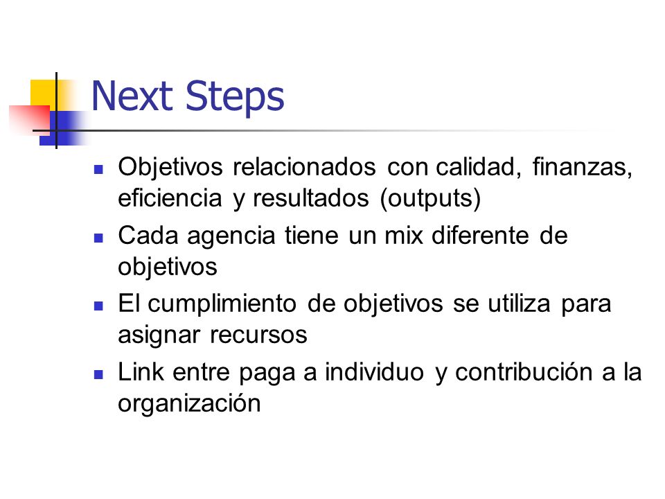 Next Steps Objetivos relacionados con calidad, finanzas, eficiencia y resultados (outputs) Cada agencia tiene un mix diferente de objetivos.