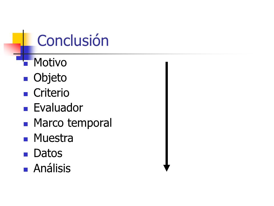 Conclusión Motivo Objeto Criterio Evaluador Marco temporal Muestra