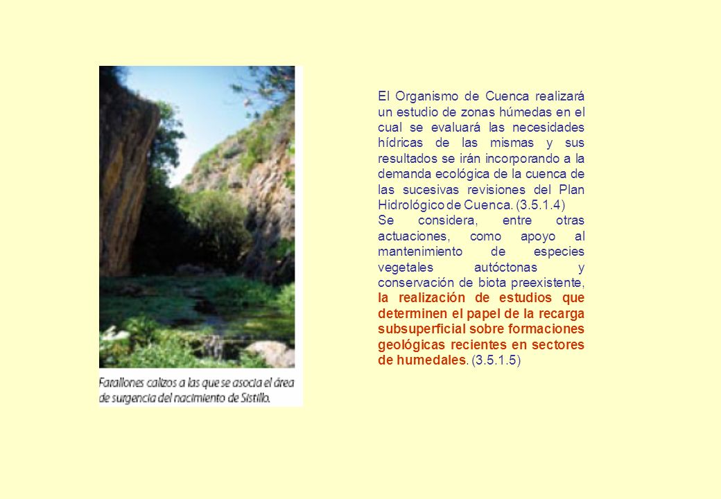 El Organismo de Cuenca realizará un estudio de zonas húmedas en el cual se evaluará las necesidades hídricas de las mismas y sus resultados se irán incorporando a la demanda ecológica de la cuenca de las sucesivas revisiones del Plan Hidrológico de Cuenca. ( )