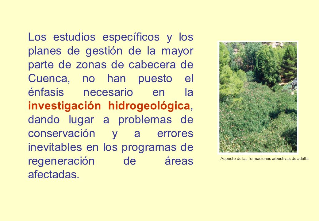 Los estudios específicos y los planes de gestión de la mayor parte de zonas de cabecera de Cuenca, no han puesto el énfasis necesario en la investigación hidrogeológica, dando lugar a problemas de conservación y a errores inevitables en los programas de regeneración de áreas afectadas.
