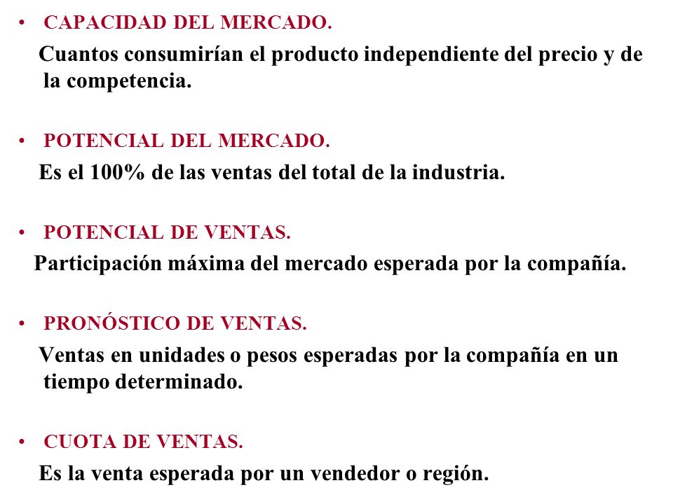 CAPACIDAD DEL MERCADO. Cuantos consumirían el producto independiente del precio y de la competencia.