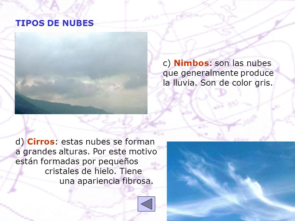 TIPOS DE NUBES c) Nimbos: son las nubes que generalmente produce la lluvia. Son de color gris.