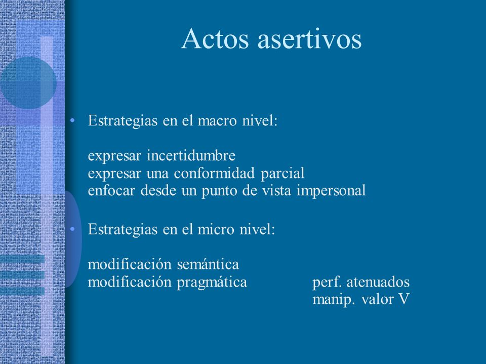 Actos asertivos Estrategias en el macro nivel: expresar incertidumbre expresar una conformidad parcial enfocar desde un punto de vista impersonal.