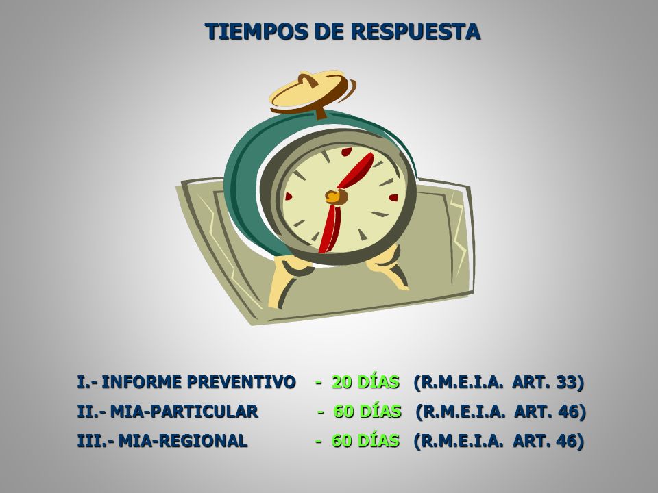 TIEMPOS DE RESPUESTA I.- INFORME PREVENTIVO - 20 DÍAS (R.M.E.I.A. ART. 33) II.- MIA-PARTICULAR - 60 DÍAS (R.M.E.I.A. ART. 46)