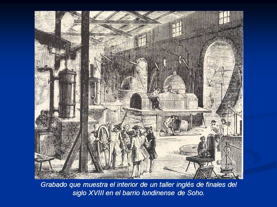 Grabado que muestra el interior de un taller inglés de finales del siglo XVIII en el barrio londinense de Soho.