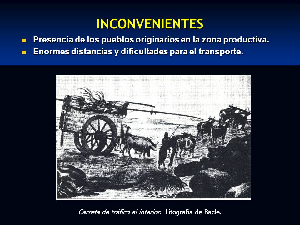 INCONVENIENTES Presencia de los pueblos originarios en la zona productiva. Enormes distancias y dificultades para el transporte.