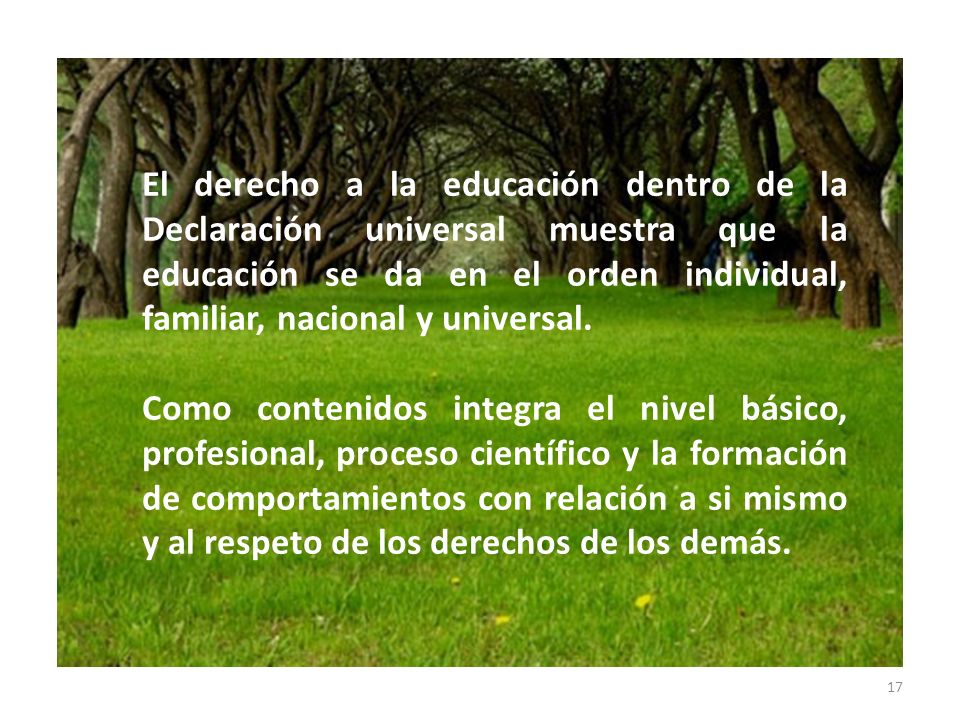 El derecho a la educación dentro de la Declaración universal muestra que la educación se da en el orden individual, familiar, nacional y universal.