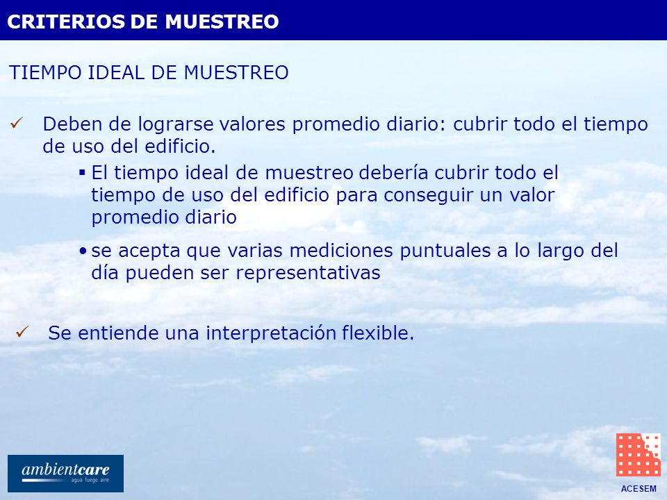 CRITERIOS DE MUESTREO TIEMPO IDEAL DE MUESTREO. Deben de lograrse valores promedio diario: cubrir todo el tiempo de uso del edificio.
