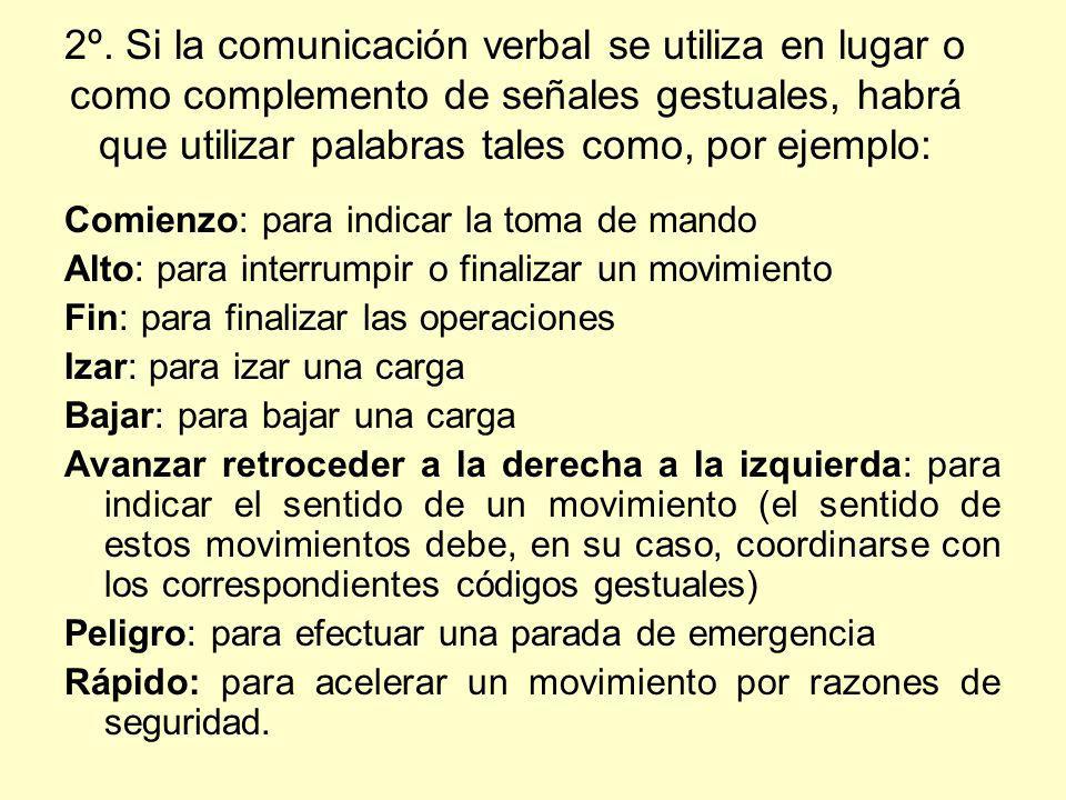 2º. Si la comunicación verbal se utiliza en lugar o como complemento de señales gestuales, habrá que utilizar palabras tales como, por ejemplo: