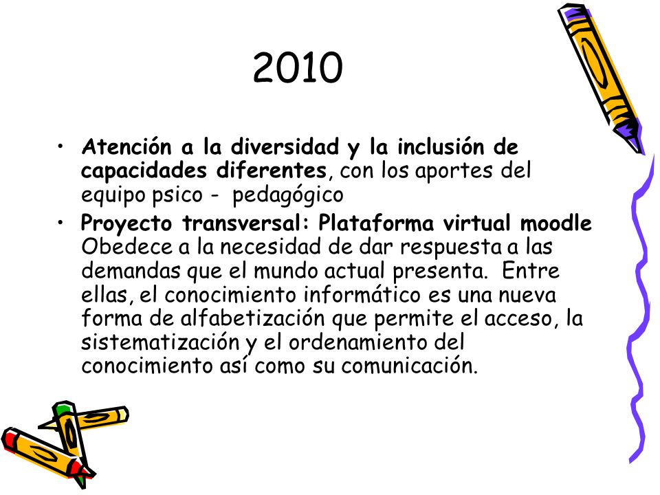 2010 Atención a la diversidad y la inclusión de capacidades diferentes, con los aportes del equipo psico - pedagógico.