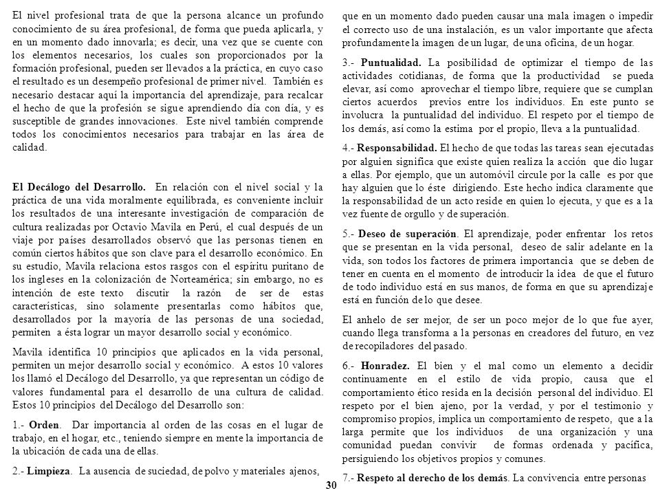 El nivel profesional trata de que la persona alcance un profundo conocimiento de su área profesional, de forma que pueda aplicarla, y en un momento dado innovarla; es decir, una vez que se cuente con los elementos necesarios, los cuales son proporcionados por la formación profesional, pueden ser llevados a la práctica, en cuyo caso el resultado es un desempeño profesional de primer nivel. También es necesario destacar aquí la importancia del aprendizaje, para recalcar el hecho de que la profesión se sigue aprendiendo día con día, y es susceptible de grandes innovaciones. Este nivel también comprende todos los conocimientos necesarios para trabajar en las área de calidad.