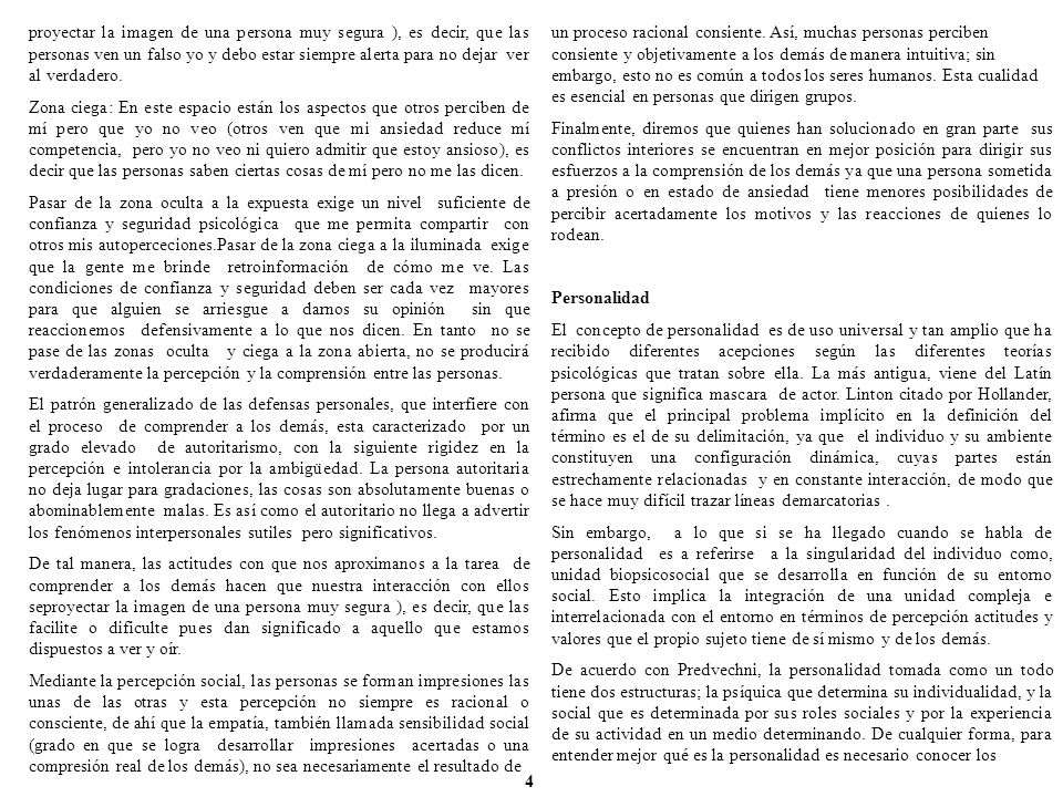 proyectar la imagen de una persona muy segura ), es decir, que las personas ven un falso yo y debo estar siempre alerta para no dejar ver al verdadero.