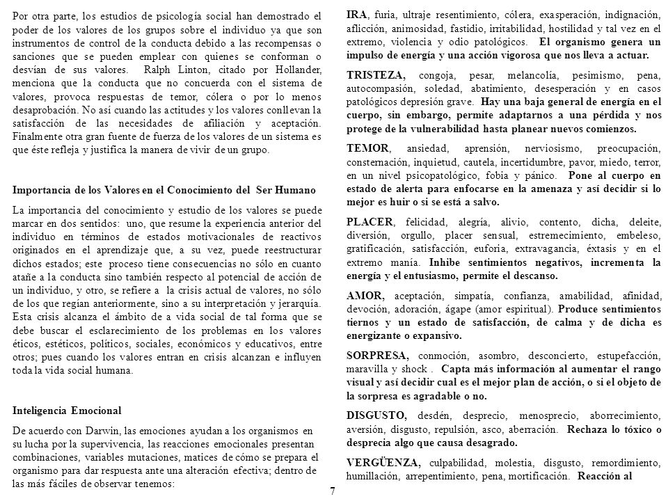 Por otra parte, los estudios de psicología social han demostrado el poder de los valores de los grupos sobre el individuo ya que son instrumentos de control de la conducta debido a las recompensas o sanciones que se pueden emplear con quienes se conforman o desvían de sus valores. Ralph Linton, citado por Hollander, menciona que la conducta que no concuerda con el sistema de valores, provoca respuestas de temor, cólera o por lo menos desaprobación. No así cuando las actitudes y los valores conllevan la satisfacción de las necesidades de afiliación y aceptación. Finalmente otra gran fuente de fuerza de los valores de un sistema es que éste refleja y justifica la manera de vivir de un grupo.