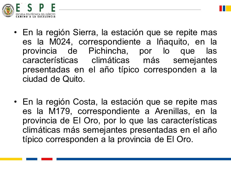 En la región Sierra, la estación que se repite mas es la M024, correspondiente a Iñaquito, en la provincia de Pichincha, por lo que las características climáticas más semejantes presentadas en el año típico corresponden a la ciudad de Quito.