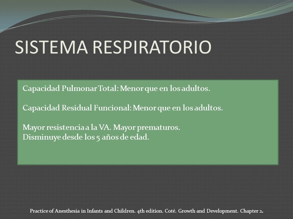 SISTEMA RESPIRATORIO Capacidad Pulmonar Total: Menor que en los adultos. Capacidad Residual Funcional: Menor que en los adultos.