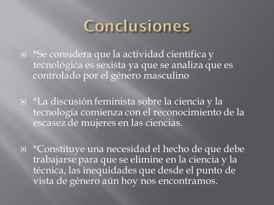 Conclusiones *Se considera que la actividad científica y tecnológica es sexista ya que se analiza que es controlado por el género masculino.