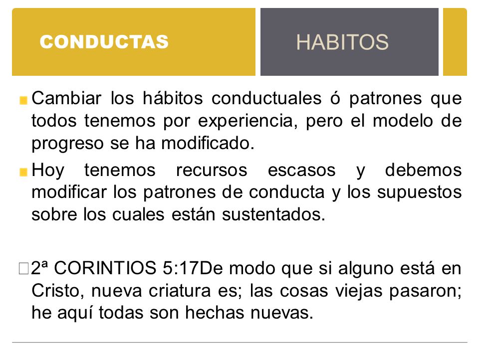 CONDUCTAS HABITOS. Cambiar los hábitos conductuales ó patrones que todos tenemos por experiencia, pero el modelo de progreso se ha modificado.