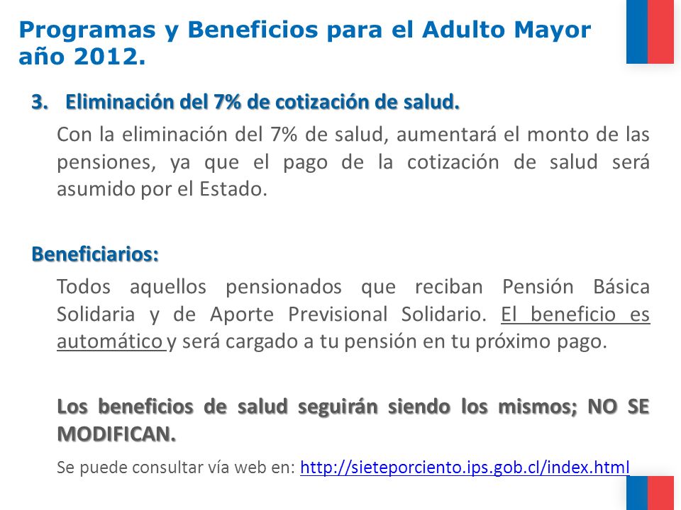 Programas y Beneficios para el Adulto Mayor año 2012.