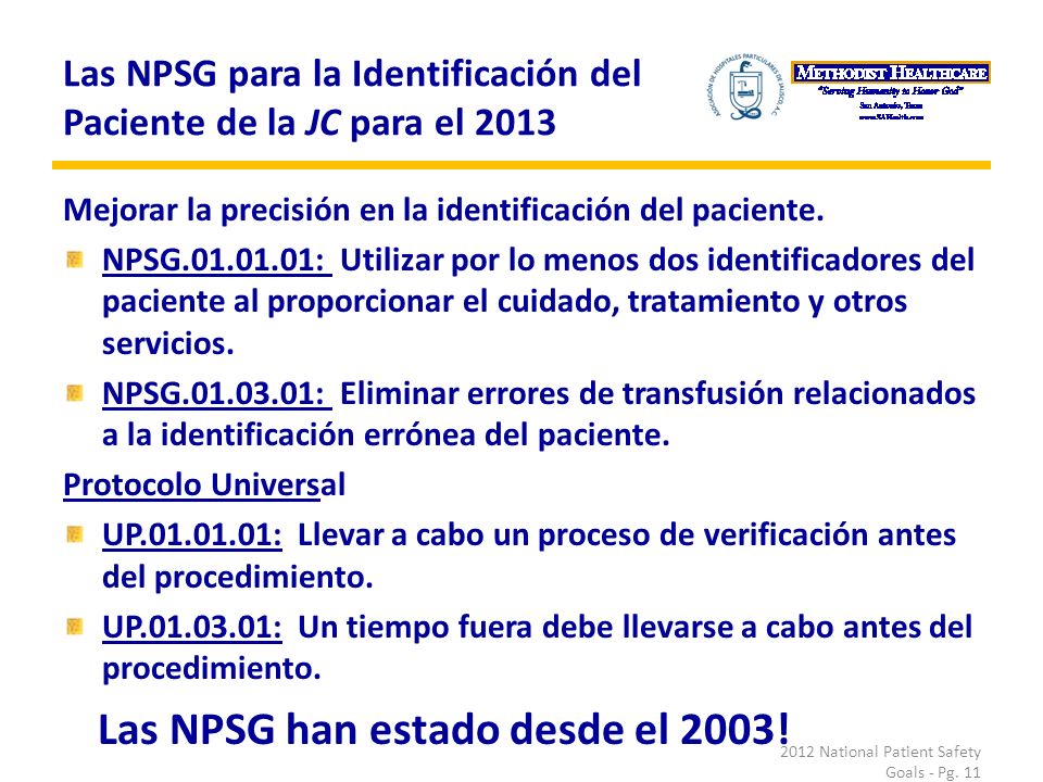 Las NPSG para la Identificación del Paciente de la JC para el 2013