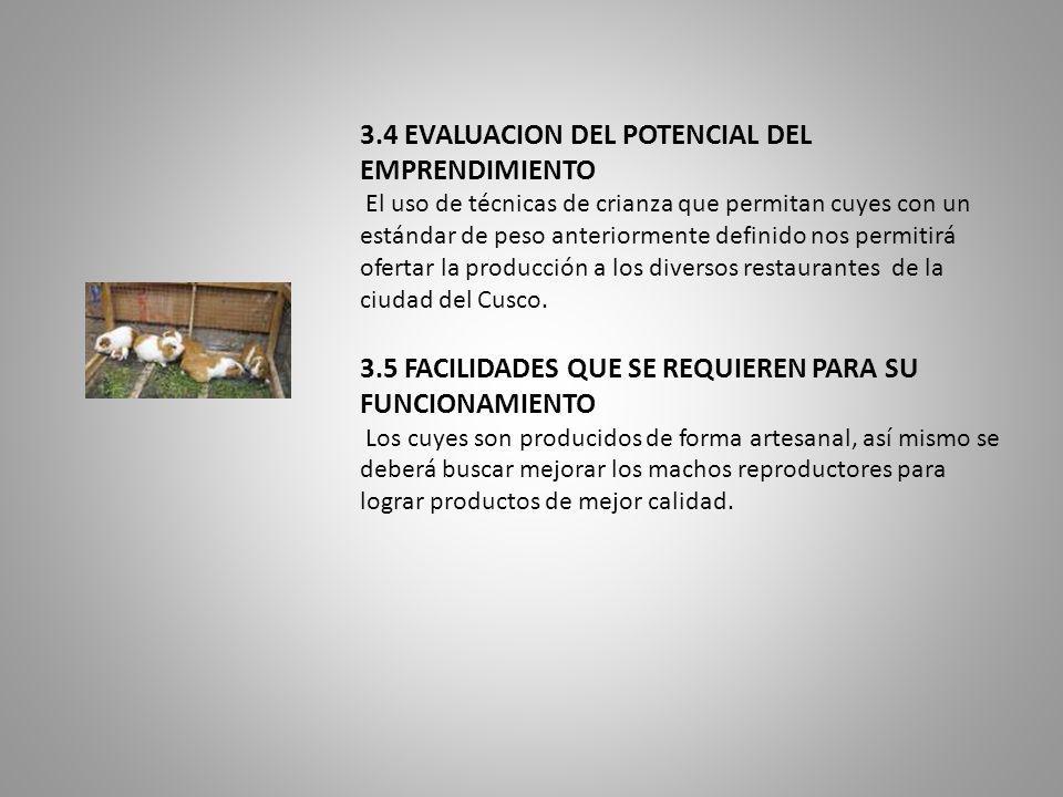 3.4 EVALUACION DEL POTENCIAL DEL EMPRENDIMIENTO El uso de técnicas de crianza que permitan cuyes con un estándar de peso anteriormente definido nos permitirá ofertar la producción a los diversos restaurantes de la ciudad del Cusco.