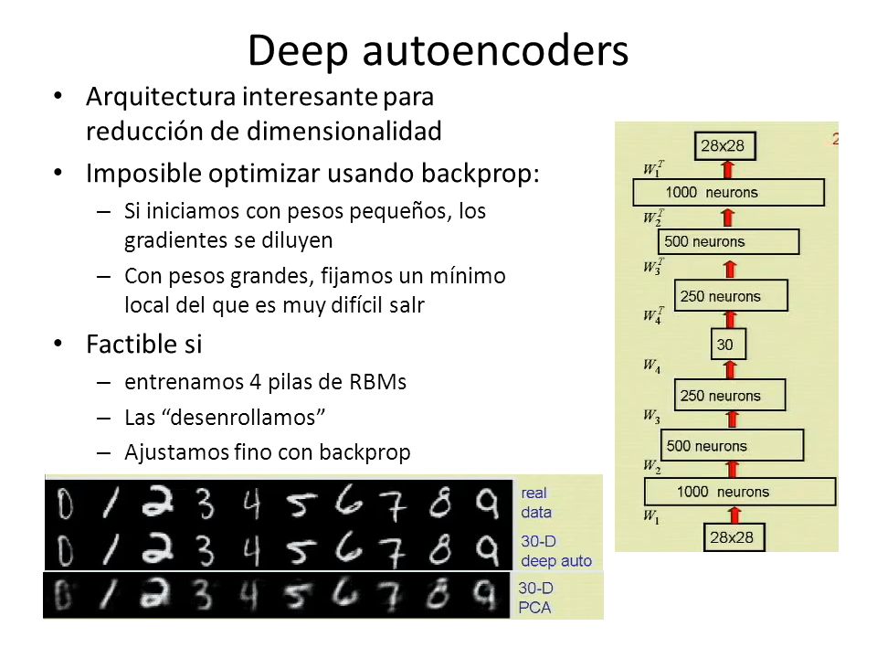 Deep autoencoders Arquitectura interesante para reducción de dimensionalidad. Imposible optimizar usando backprop: