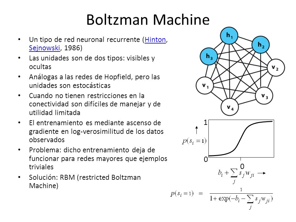 Boltzman Machine Un tipo de red neuronal recurrente (Hinton, Sejnowski, 1986) Las unidades son de dos tipos: visibles y ocultas.