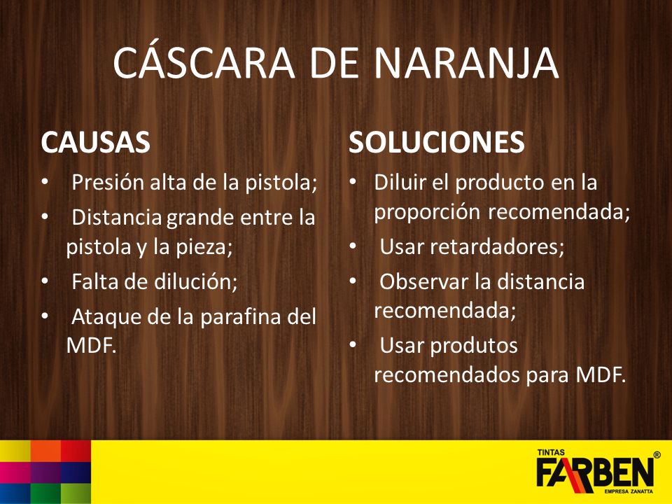 CÁSCARA DE NARANJA CAUSAS SOLUCIONES Presión alta de la pistola;