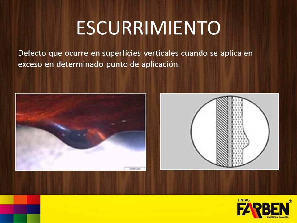 ESCURRIMIENTO Defecto que ocurre en superfícies verticales cuando se aplica en exceso en determinado punto de aplicación.