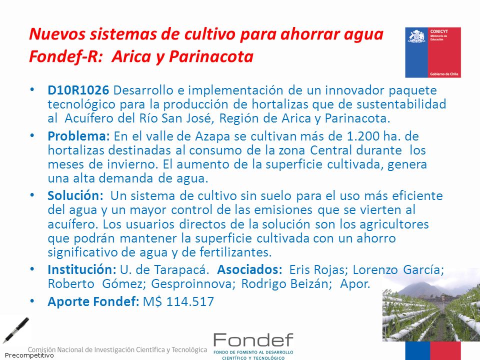 Nuevos sistemas de cultivo para ahorrar agua Fondef-R: Arica y Parinacota