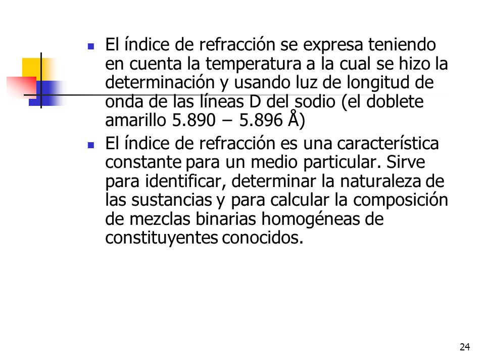 El índice de refracción se expresa teniendo en cuenta la temperatura a la cual se hizo la determinación y usando luz de longitud de onda de las líneas D del sodio (el doblete amarillo − Å)