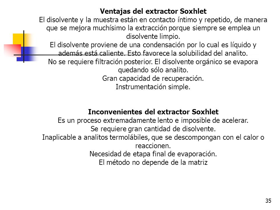 Ventajas del extractor Soxhlet Inconvenientes del extractor Soxhlet
