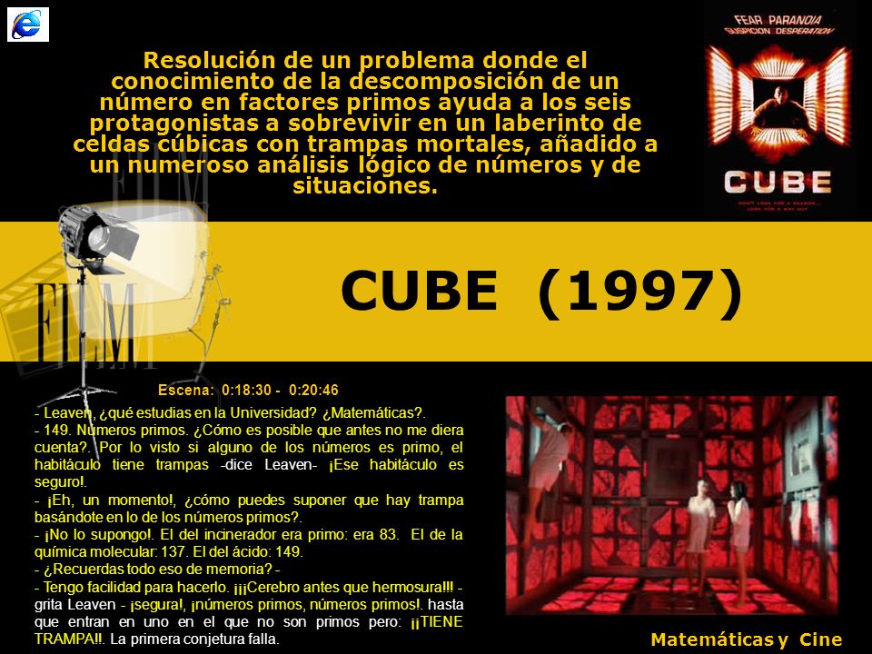 Resolución de un problema donde el conocimiento de la descomposición de un número en factores primos ayuda a los seis protagonistas a sobrevivir en un laberinto de celdas cúbicas con trampas mortales, añadido a un numeroso análisis lógico de números y de situaciones.
