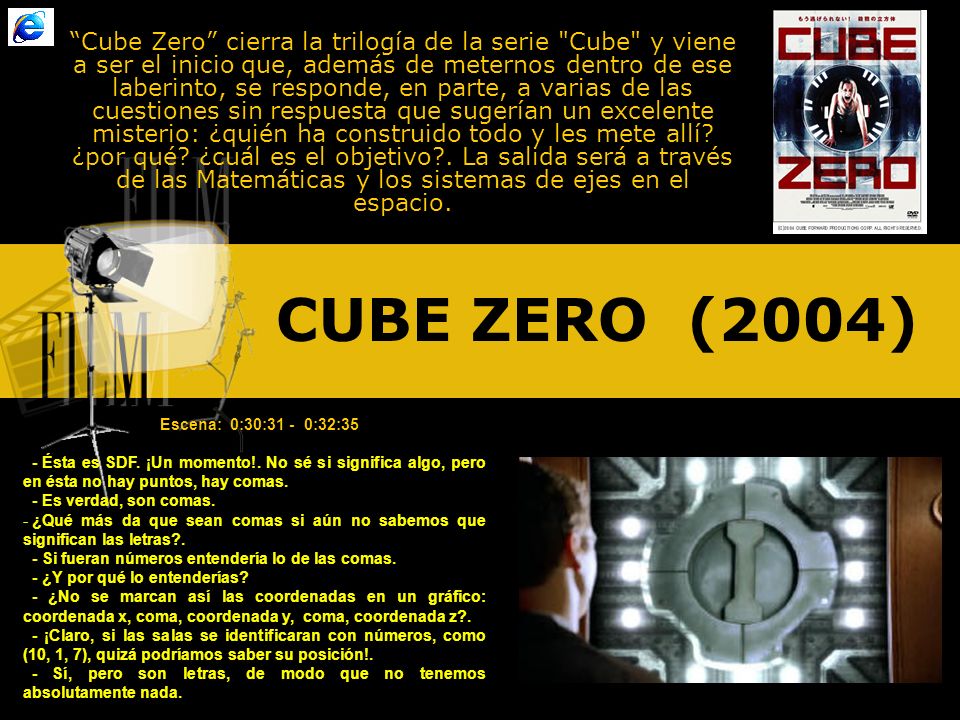 Cube Zero cierra la trilogía de la serie Cube y viene a ser el inicio que, además de meternos dentro de ese laberinto, se responde, en parte, a varias de las cuestiones sin respuesta que sugerían un excelente misterio: ¿quién ha construido todo y les mete allí ¿por qué ¿cuál es el objetivo . La salida será a través de las Matemáticas y los sistemas de ejes en el espacio.