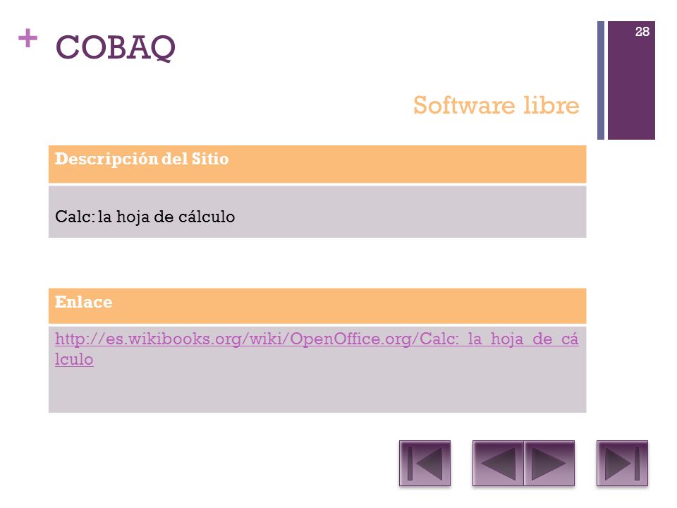 COBAQ Software libre Descripción del Sitio Calc: la hoja de cálculo