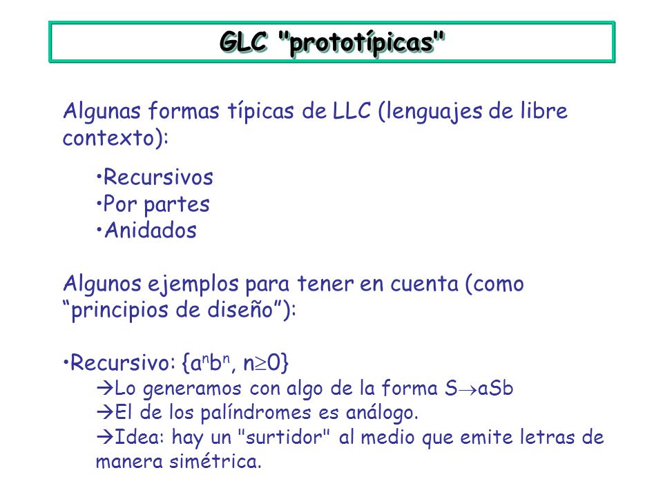 GLC prototípicas Algunas formas típicas de LLC (lenguajes de libre contexto): Recursivos. Por partes.
