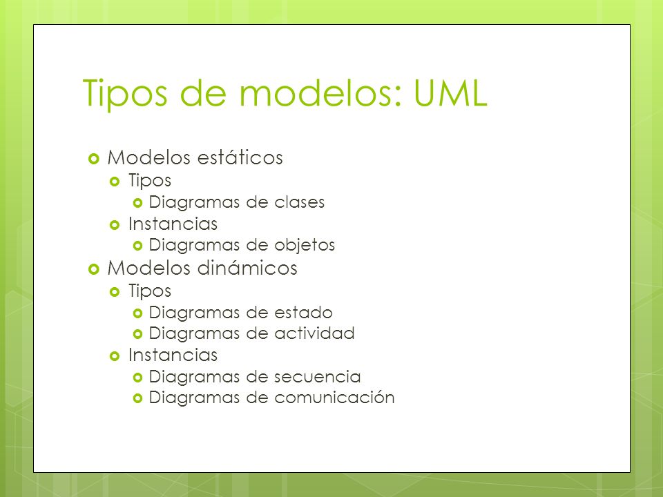Tipos de modelos: UML Modelos estáticos Modelos dinámicos Tipos