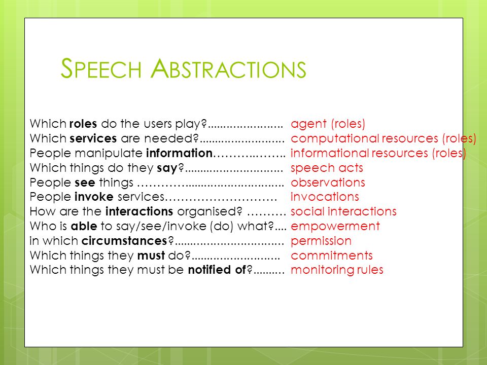 Speech Abstractions Which roles do the users play Which services are needed
