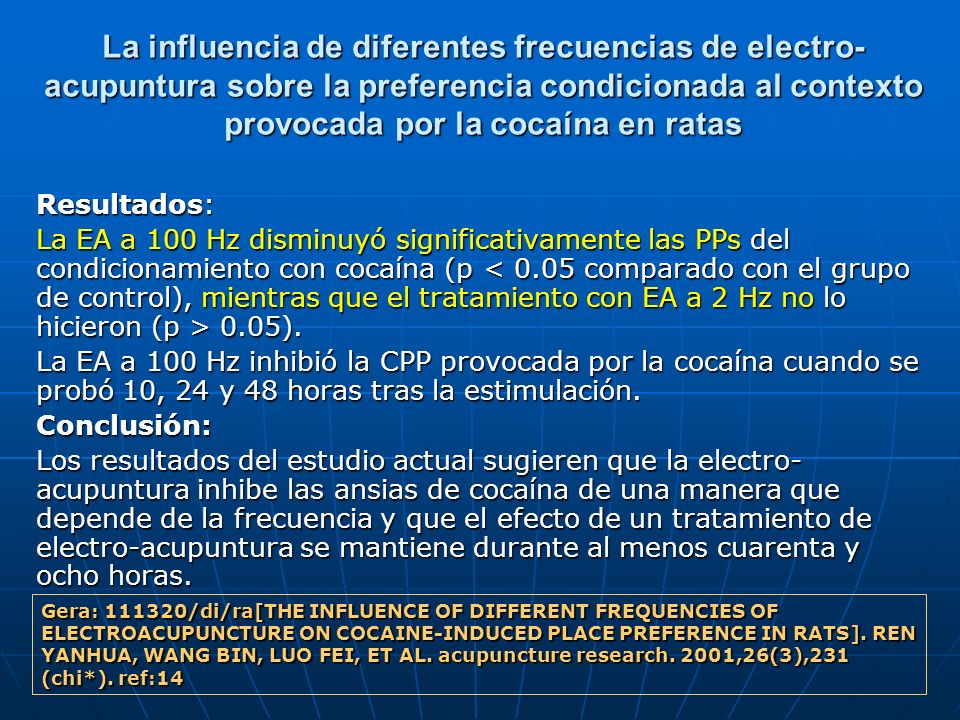 La influencia de diferentes frecuencias de electro-acupuntura sobre la preferencia condicionada al contexto provocada por la cocaína en ratas
