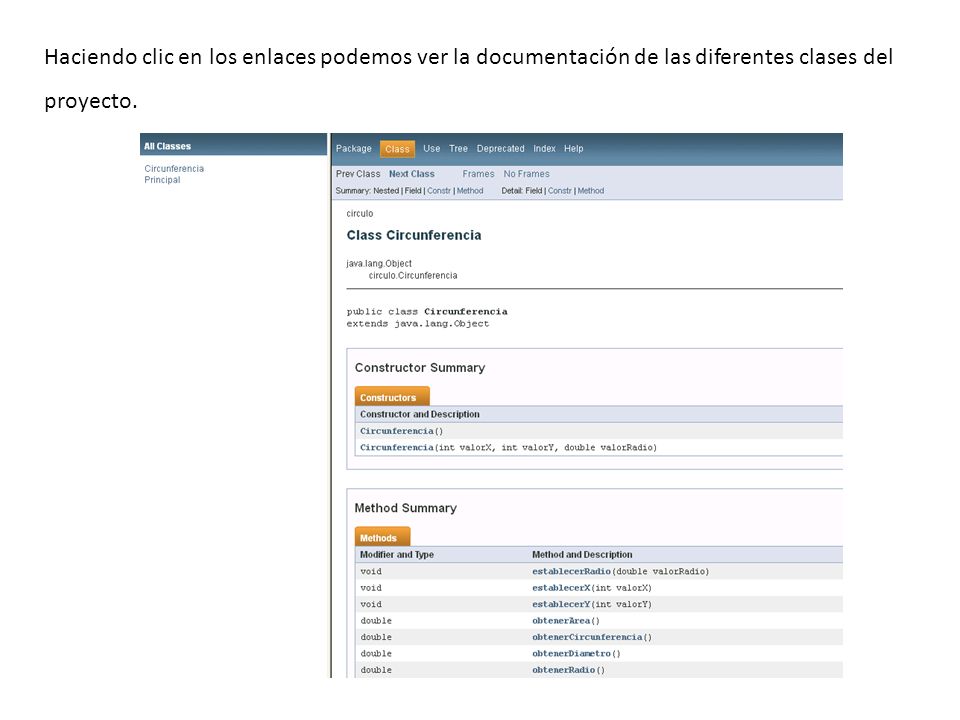 Haciendo clic en los enlaces podemos ver la documentación de las diferentes clases del