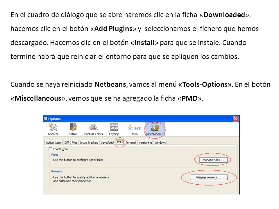 En el cuadro de diálogo que se abre haremos clic en la ficha «Downloaded», hacemos clic en el botón «Add Plugins» y seleccionamos el fichero que hemos descargado. Hacemos clic en el botón «Install» para que se instale. Cuando termine habrá que reiniciar el entorno para que se apliquen los cambios.