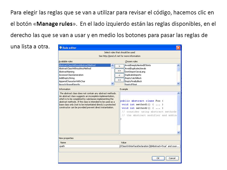 Para elegir las reglas que se van a utilizar para revisar el código, hacemos clic en el botón «Manage rules».