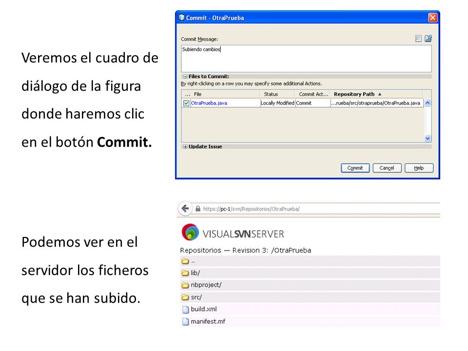Veremos el cuadro de diálogo de la figura donde haremos clic en el botón Commit.