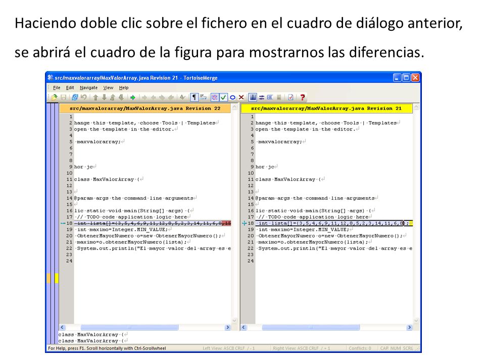 Haciendo doble clic sobre el fichero en el cuadro de diálogo anterior, se abrirá el cuadro de la figura para mostrarnos las diferencias.