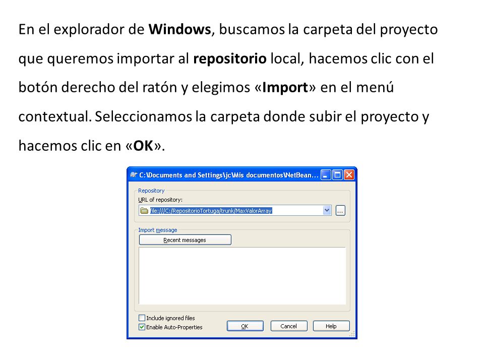 En el explorador de Windows, buscamos la carpeta del proyecto que queremos importar al repositorio local, hacemos clic con el botón derecho del ratón y elegimos «Import» en el menú contextual.