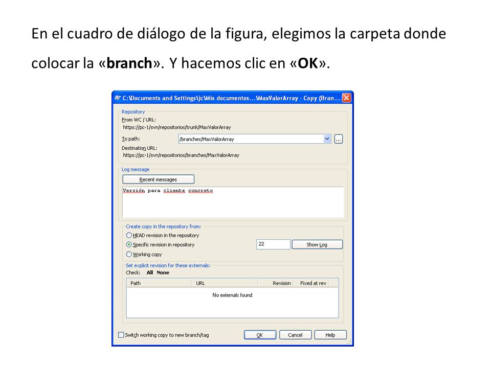 En el cuadro de diálogo de la figura, elegimos la carpeta donde colocar la «branch».